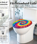 Elongated Tie Dye Aquarelle Print Tie Dye Spiral Rainbow Toilet Seat on a standard toilet with vibrant colors.