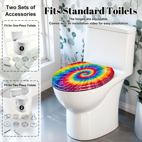 Elongated Tie Dye Aquarelle Print Tie Dye Spiral Rainbow Toilet Seat on a standard toilet with vibrant colors.