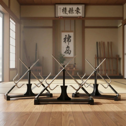 Dope Dual Blade Display Stand For Sai And Kama Katana Tanto Rapiers Black Wooden Vertical Holder showcasing paired sai in dojo