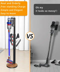 Comparison of Freestanding Vacuum Docking Station Stand With Six Hooks For V15 Detect And V11 V10 V8 V7 V6 Cordless Vacuum Cleaners Portable Floor Organizer Bracket Made Of Metal No Drill Needed Easy To Move And Store on the left side, with vacuum accessories organized neatly, versus messy vacuum setup on the right side.