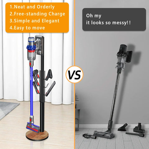 Comparison of Freestanding Vacuum Docking Station Stand With Six Hooks For V15 Detect And V11 V10 V8 V7 V6 Cordless Vacuum Cleaners Portable Floor Organizer Bracket Made Of Metal No Drill Needed Easy To Move And Store on the left side, with vacuum accessories organized neatly, versus messy vacuum setup on the right side.