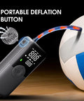 Cordless Tire Inflator Portable Air Compressor With Digital Dual Screen Pressure Gauge inflating a volleyball