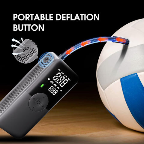 Cordless Tire Inflator Portable Air Compressor With Digital Dual Screen Pressure Gauge inflating a volleyball
