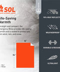 Diagram showing Ninety Percent Heat Reflective Emergency Bivvy with dimensions 36x84 inches, highlights waterproof and windproof features.