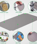 Heavy Duty Quilted Plastic Wire Shelf Liner 18 x 48 Inches Non Slip Protective Mat in gray showing protective features and cleaning.