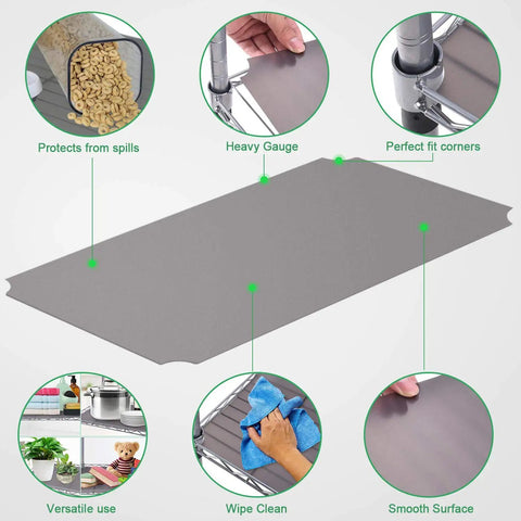 Heavy Duty Quilted Plastic Wire Shelf Liner 18 x 48 Inches Non Slip Protective Mat in gray showing protective features and cleaning.