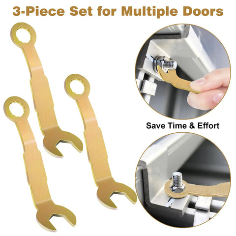 Slick Operation Pocket Door Wrench Kit Featuring A Solid Three Eighth Inch Pivot Adjustment Spanner For Quick Roller Fixes And No Sweat Room Divider Repairs That Run Like Butter, 3-piece gold spanner set for door adjustments.