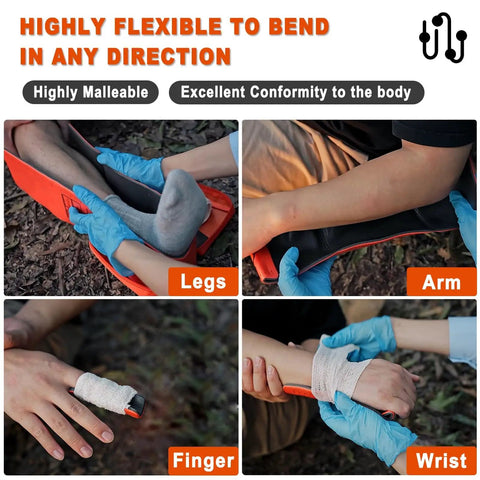 Universal Aluminum First Aid Splint Kit 36 Inch By 4.3 Inch Waterproof Medical Tactical Splint in use on arm, leg, finger, wrist