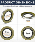 Product dimensions of Rock Solid 4 Pack Trailer Hub Grease Seals Double Lip Design showing outer diameter 3.37 inches and inner diameter 2.25 inches.
