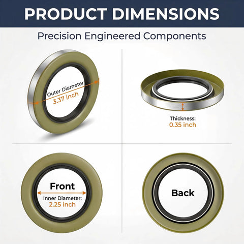 Product dimensions of Rock Solid 4 Pack Trailer Hub Grease Seals Double Lip Design showing outer diameter 3.37 inches and inner diameter 2.25 inches.