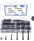 Pro Grade Stainless Steel Lag Screws Set With Black Oxide Finish Includes One Inch One And A Half Inch Two Inch Two And A Half Inch And Three Inch Lag Bolts In A 155 Piece Assortment With Washers Heavy Duty Wood Screws 304 in open plastic case showing all components
