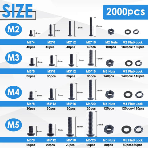 Metric Screw And Bolt Kit With Washers 2000Pcs M2 M3 M4 M5 4 mm To 20 mm Lengths Nuts Lock Washers Flat Washers And 4 Hex Wrenches size chart