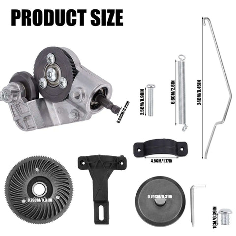 Dimensions and parts of Heavy Duty Drill Nibbler Sheet Metal Cutter Kit For Electric Drills with components like springs, bolts, and adapters.