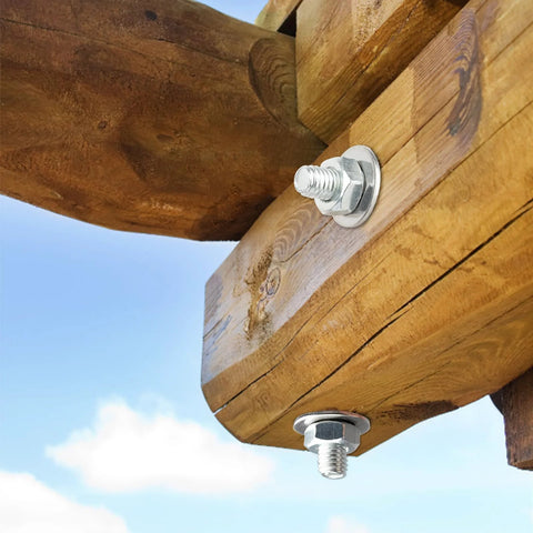 Two stainless steel flat washers, 3/8 in ID and 7/8 in OD, installed on bolts through a wooden beam