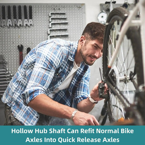 Man adjusting bike with Front And Rear Bike Axle Set For Mountain MTB Hollow Hub Shaft 108mm And 145mm Lengths