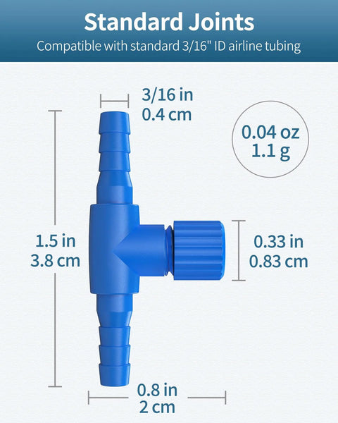 Blue plastic aquarium air flow regulator for 3/16 in tubing; adjustable valve, side view