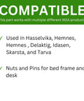 Superb Fit Crescent Nut And Threaded Pin Kit featuring compatibility info for multiple IKEA products and uses.