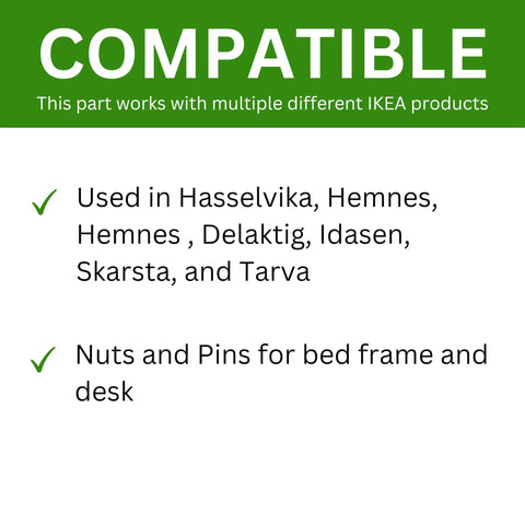 Superb Fit Crescent Nut And Threaded Pin Kit featuring compatibility info for multiple IKEA products and uses.