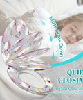Soft Close Elongated Toilet Seat for Bathroom with floral design, quiet closing feature, placed on a white toilet.