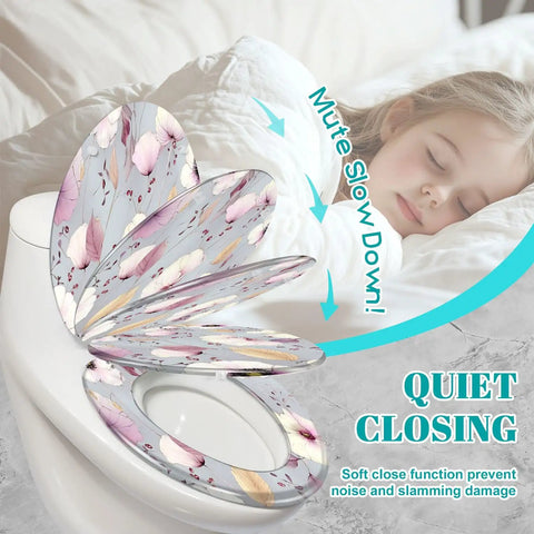 Soft Close Elongated Toilet Seat for Bathroom with floral design, quiet closing feature, placed on a white toilet.