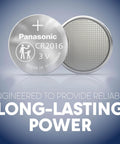 CR2016 3V Lithium Coin Cell Batteries Four Pack Featuring Child Resistant Standards Based Packaging with silver battery and logo.