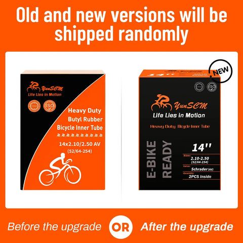 Old and new versions of Two Pack 14 Inch Bike Tubes Heavy Duty 14x2.10 To 14x2.50 AV32mm Schrader Valve packaging