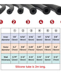 Premium Black Silicone Vacuum Hose Kit With 6 High Density Tubing Sizes From 1/8 In To 3/8 In For Auto Engine Cooling And Intake Systems Made To Survive Heat And Pressure While Delivering Flawless Seals Every Single Time. Six black silicone hose sizes with diameter chart