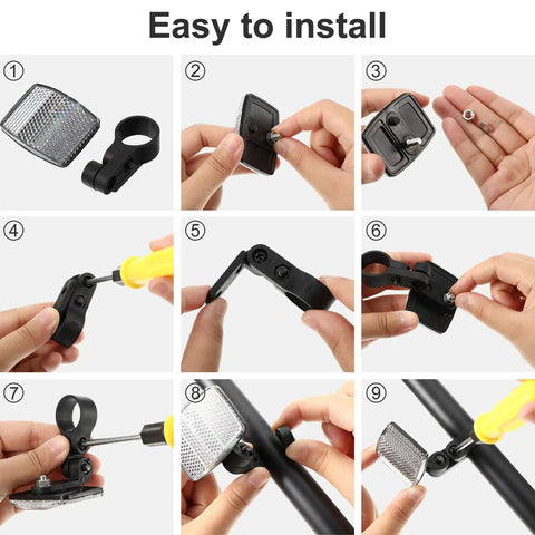 Step-by-step installation of 4 Pack Bike Spoke Reflectors, Red and White Safety Reflectors for Handlebar and Seatpost.