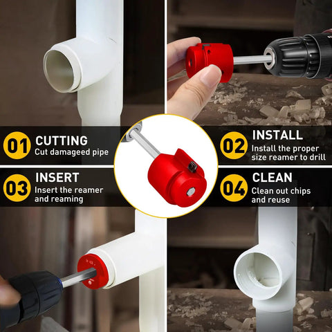 Steps using Aluminum 1 Inch Head PVC Fitting Saver And Pipe Reamer With 0.236 Inch Hex Shaft for pipe cutting and reaming