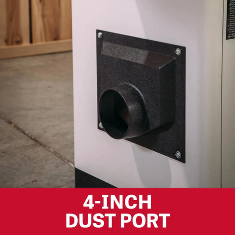 4-inch dust port on Beefy 8-Inch Jointer With Straight Knives, 2 HP 230V Single-Phase, Heavy-Duty One-Piece Stand, JWJ-8CS