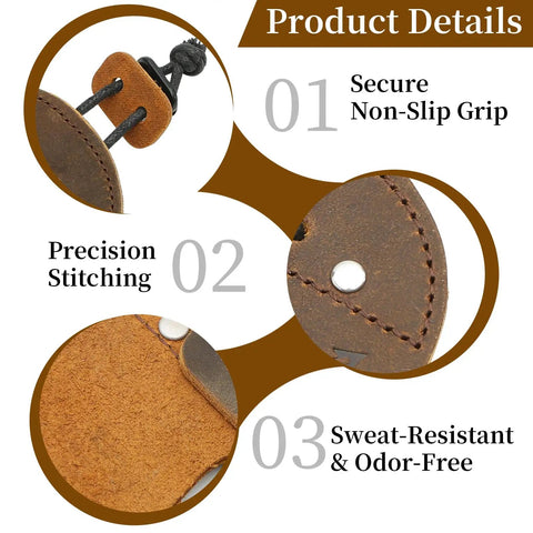 Close-up of Genuine Leather Archery Finger Tab for Recurve Bow showing upgraded metal buckle and precision stitching.