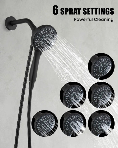 Dope Matte Black Tub Shower Faucet Set With Six Water Modes And Magnetic Handheld Valve Kit Designed For One Handed Use And Killer Water Pressure, featuring a handheld showerhead with six spray settings.