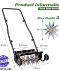 18-Inch Push Spike Lawn Aerator With Pro Grade Heavy Duty Rolling Design, showing steel tines and dimensions