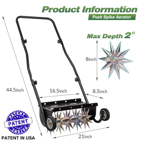 18-Inch Push Spike Lawn Aerator With Pro Grade Heavy Duty Rolling Design, showing steel tines and dimensions