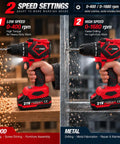 Rugged Boss Level 21V Brushless Cordless Drill Driver Kit Delivers 40Nm Kick Torque Two Speed Gears All Metal Chuck Bundle Drops Twin 2Ah Cells With Quick Charger Plug, showing low and high speed settings.