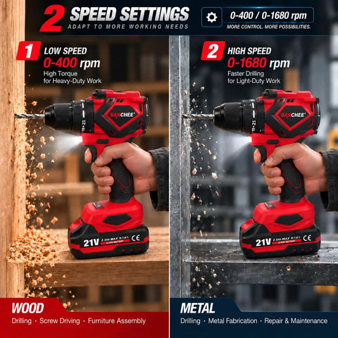 Rugged Boss Level 21V Brushless Cordless Drill Driver Kit Delivers 40Nm Kick Torque Two Speed Gears All Metal Chuck Bundle Drops Twin 2Ah Cells With Quick Charger Plug, showing low and high speed settings.