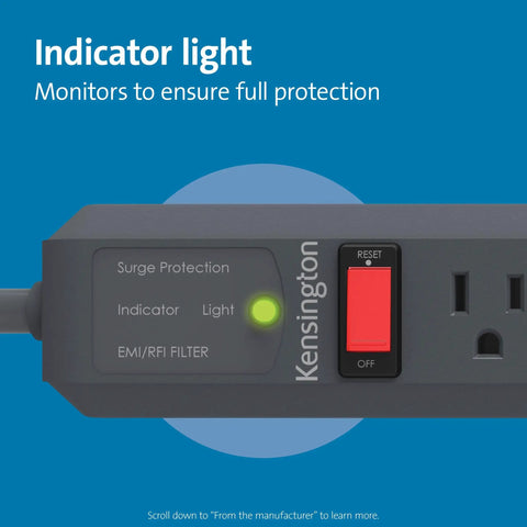 Guardian Six Outlet Power Strip With Fifteen Foot Surge Protector 540 Joules Black Indicator Light UL Listed close-up view
