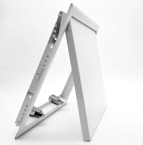 Heavy Duty 6X6 Inch Access Panel Door With Quick Push Lock Fit For Walls And Ceilings Straight Shot Setup For Hvac Plumbing Electrical And Crawlspace Work White Finish, showing side view, galvanized steel construction.