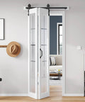 Bifold Barn Door 36x84 Inch Double 18x84 Transparent White Frosted Glass Cross Sliding Door With 40 Inch Hardware Kit Installed