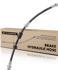Front Brake Hydraulic Hose for Mazda 3 2004-2013 and Mazda 5 2006-2010 2012-2015 shown with packaging, EPDM material, stainless fittings.