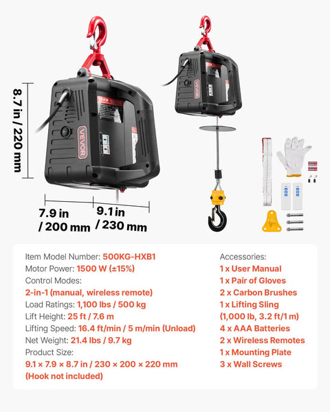2 In 1 Electric Hoist Winch With 1100 Lb Capacity And 1500W Power Portable Winch Crane for Factory Warehouse And Garage