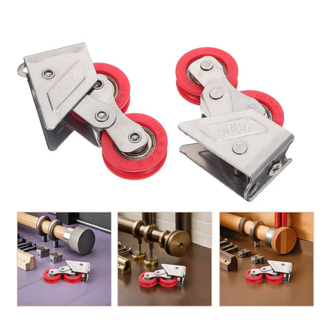Heavy Duty Double Wheel Door And Window Rollers Super Smooth Stainless Steel Track Pulleys showing double pulleys with red wheels.