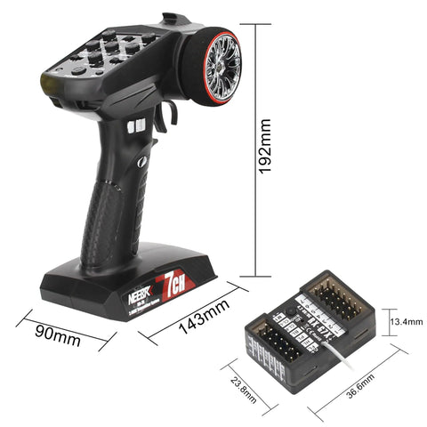 Black Seven Channel RC Transmitter With 2 4GHz Radio Remote Built In Light Control System And Twelve LED Light Set dimensions shown