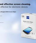 ZEISS Mobile Screen Wipes box, front view, 120 pre-moistened, individually wrapped wipes