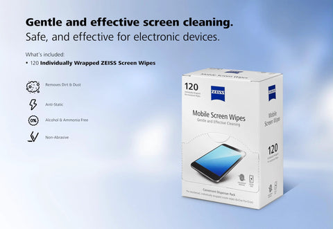 ZEISS Mobile Screen Wipes box, front view, 120 pre-moistened, individually wrapped wipes