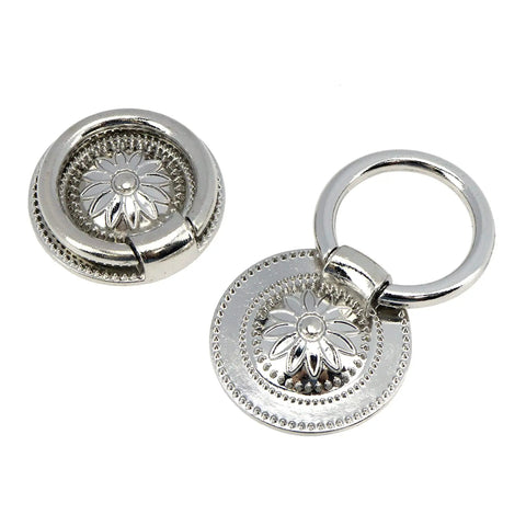 Vintage Floral Embossed Drop Ring Cabinet Pulls Slick Silver Zinc Alloy Drawer Handles For Home Refresh Kitchen Bedroom Vanity Upgrade Durable Hardware Set Of Four, close-up view of the floral detail and ring design.