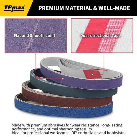 Close-up of 45 Piece One-Half Inch By Twelve Inch Knife Sharpener Sanding Belt Kit with multiple grits for WSKTS
