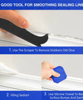 Four Piece Silicone Caulking Tool Set for Sealant Finishing and Grout Scraping, including black scraper and blue trowels in use