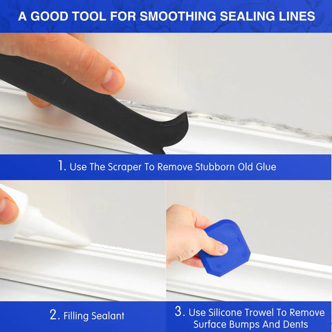 Four Piece Silicone Caulking Tool Set for Sealant Finishing and Grout Scraping, including black scraper and blue trowels in use