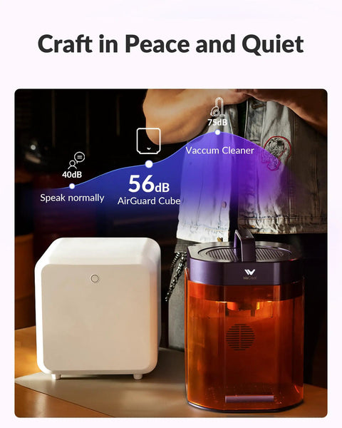 Heavy Duty Fume Extractor With No Hassle Filter Swap Designed For WeCreat Lumos Series Laser Engravers Kills Workshop Smoke Works Like A Charm And Keeps Your Budget Intact, side view with air guard cube.